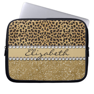 Leopard Spot Gold Glitter Rhinestone PHOTO PRINT Laptop Sleeve