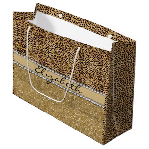 Leopard Spot Gold Glitter Rhinestone PHOTO PRINT Large Gift Bag