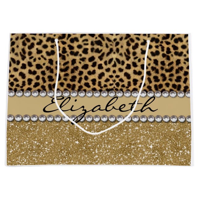 Leopard Spot Gold Glitter Rhinestone PHOTO PRINT Large Gift Bag (Front)