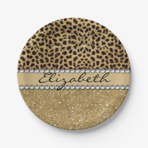 Leopard Spot Gold Glitter Rhinestone PHOTO PRINT Paper Plate