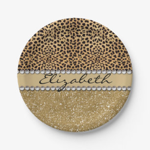 Leopard Spot Gold Glitter Rhinestone PHOTO PRINT Paper Plate