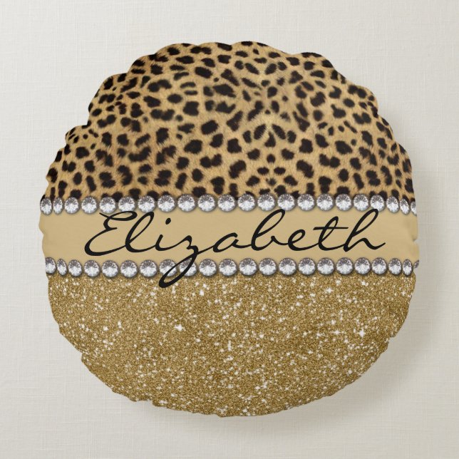 Leopard Spot Gold Glitter Rhinestone PHOTO PRINT Round Cushion (Front)