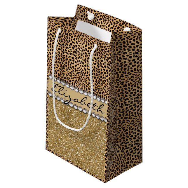 Leopard Spot Gold Glitter Rhinestone PHOTO PRINT Small Gift Bag (Front Angled)