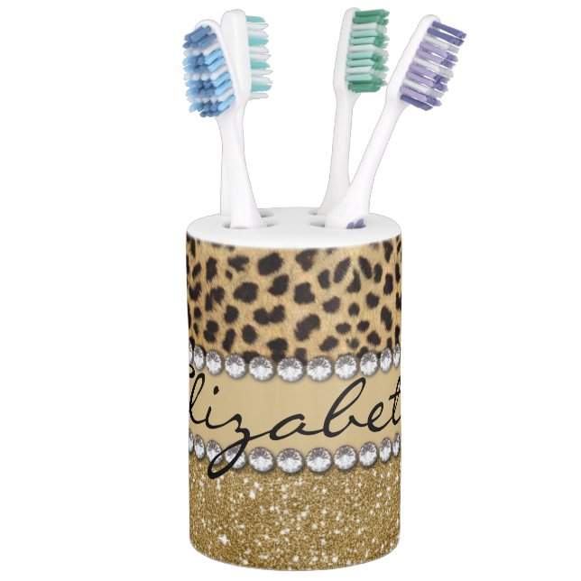 Leopard Spot Gold Glitter Rhinestone PHOTO PRINT Soap Dispenser And Toothbrush Holder (In Situ)