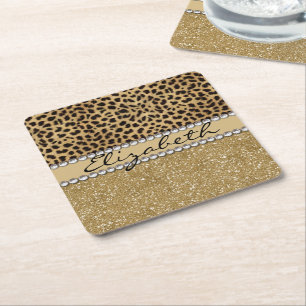 Leopard Spot Gold Glitter Rhinestone PHOTO PRINT Square Paper Coaster