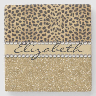Leopard Spot Gold Glitter Rhinestone PHOTO PRINT Stone Coaster