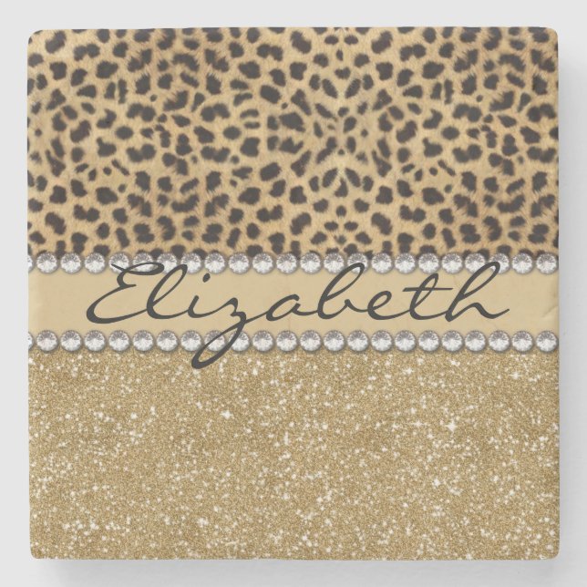 Leopard Spot Gold Glitter Rhinestone PHOTO PRINT Stone Coaster (Front)
