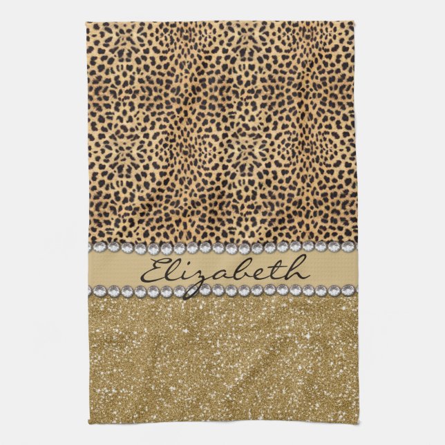 Leopard Spot Gold Glitter Rhinestone PHOTO PRINT Tea Towel (Vertical)