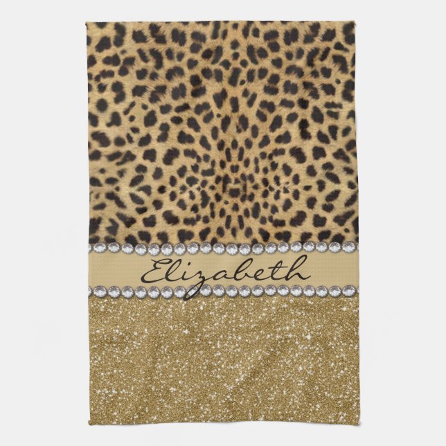 Leopard Spot Gold Glitter Rhinestone PHOTO PRINT Tea Towel (Vertical)