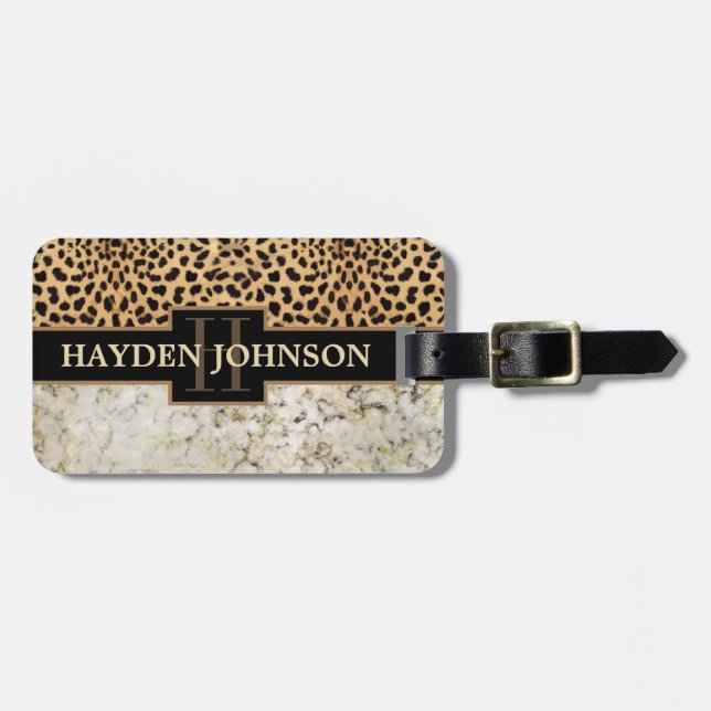 Leopard Spot Marble Monogram Name Address Luggage Tag (Front Horizontal)