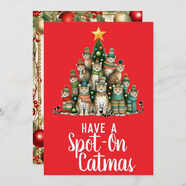 Leopard Spot-On Catmas Christmas Tree Holiday Card (Front/Back)