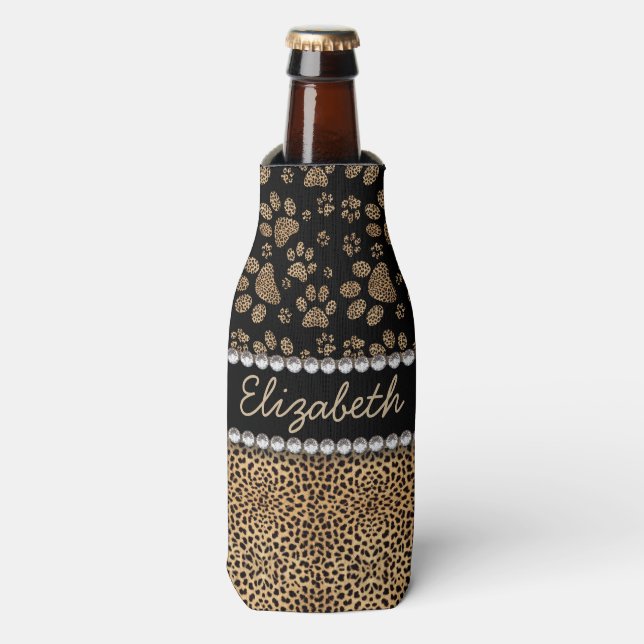 Leopard Spot Paw Prints Rhinestone PHOTO PRINT Bottle Cooler (Bottle Front)