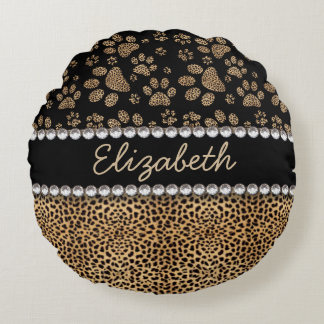 Leopard Spot Paw Prints Rhinestone PHOTO PRINT Round Cushion