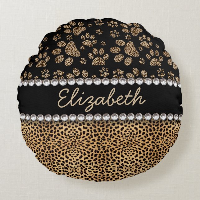 Leopard Spot Paw Prints Rhinestone PHOTO PRINT Round Cushion (Front)
