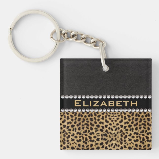 Leopard Spot Rhinestone Diamonds Monogram PHOTO Key Ring (Front)