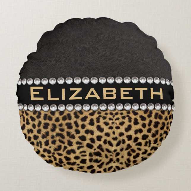 Leopard Spot Rhinestone Diamonds Monogram PHOTO Round Cushion (Front)