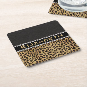 Leopard Spot Rhinestone Diamonds Monogram PHOTO Square Paper Coaster