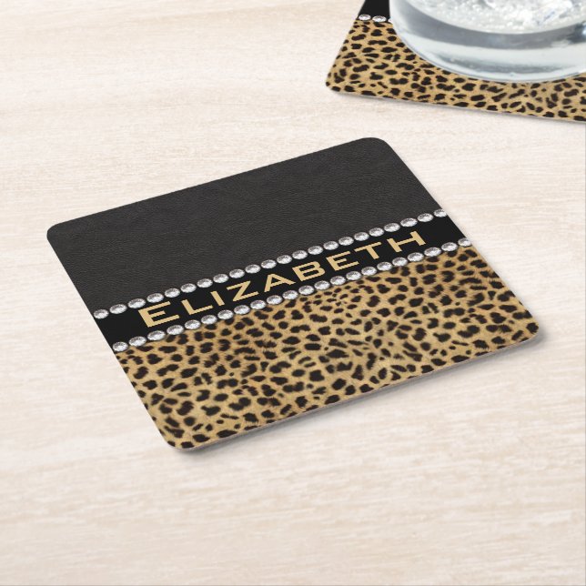 Leopard Spot Rhinestone Diamonds Monogram PHOTO Square Paper Coaster (Angled)