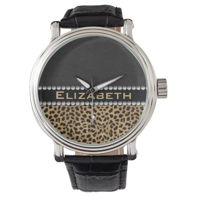 Leopard Spot Rhinestone Diamonds Monogram PHOTO Watch (Front)