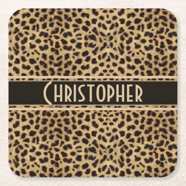 Leopard Spot Skin Print Personalised Square Paper Coaster (Front)