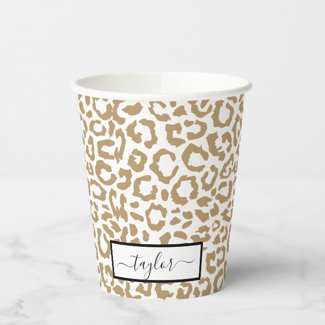 Leopard Spots Gold And White Animal Print Pattern Paper Cups (Left)