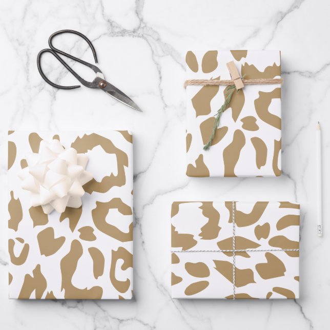 Leopard Spots Gold And White Animal Print Pattern Wrapping Paper Sheet (Front)