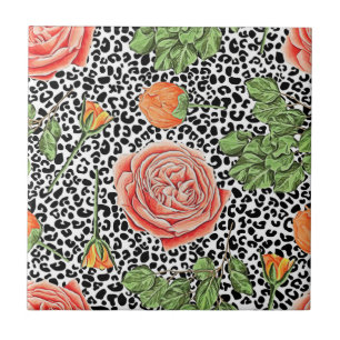 Leopard Spots Orange Floral Animal Pattern Tile