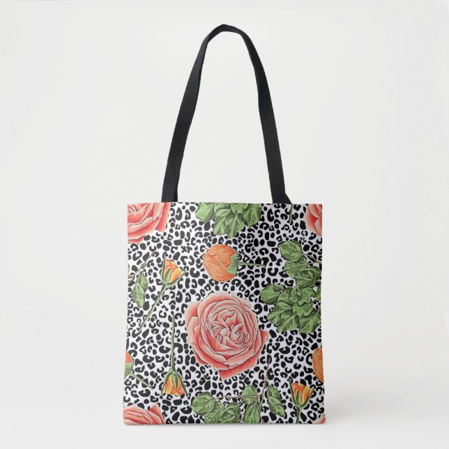 Leopard Spots Orange Floral Animal Pattern Tote Bag (Front)
