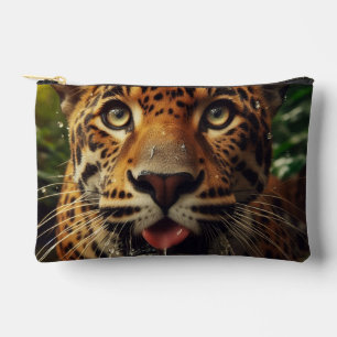 Leopard Stares While Lapping Water in Jungle Accessory Pouch