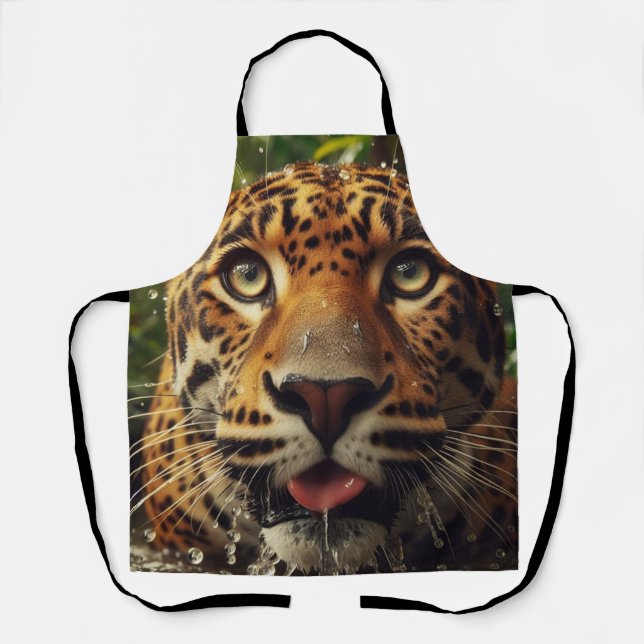 Leopard Stares While Lapping Water in Jungle  Apron (Front)