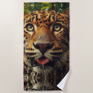 Leopard Stares While Lapping Water in Jungle  Beach Towel
