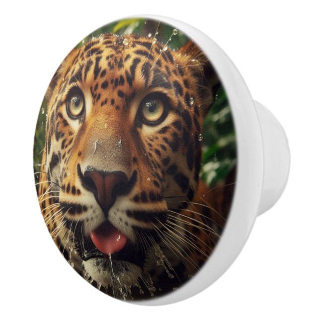 Leopard Stares While Lapping Water in Jungle  Ceramic Knob (Right)