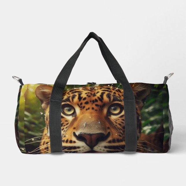 Leopard Stares While Lapping Water in Jungle  Duffle Bag (Front)