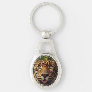 Leopard Stares While Lapping Water in Jungle Key Ring