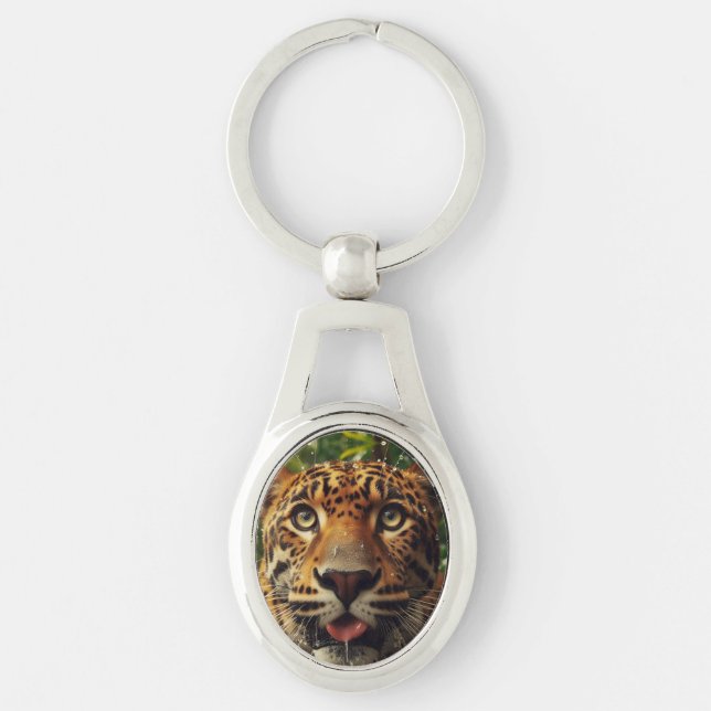 Leopard Stares While Lapping Water in Jungle  Key Ring (Front)