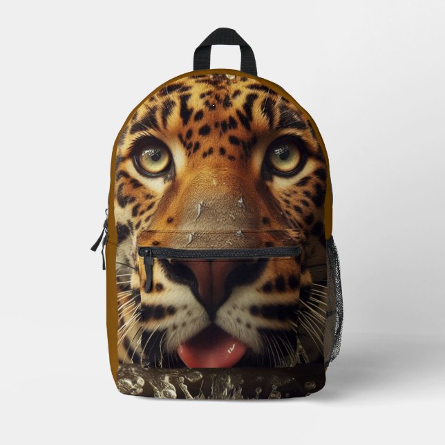Leopard Stares While Lapping Water in Jungle  Printed Backpack (Front)
