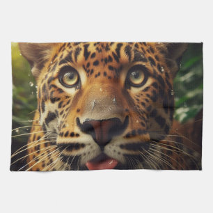 Leopard Stares While Lapping Water in Jungle  Tea Towel