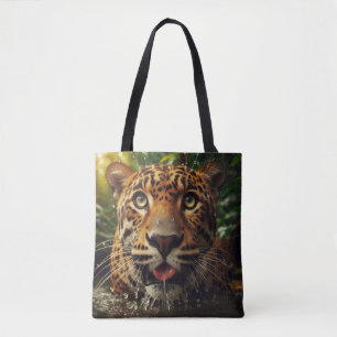 Leopard Stares While Lapping Water in Jungle  Tote Bag