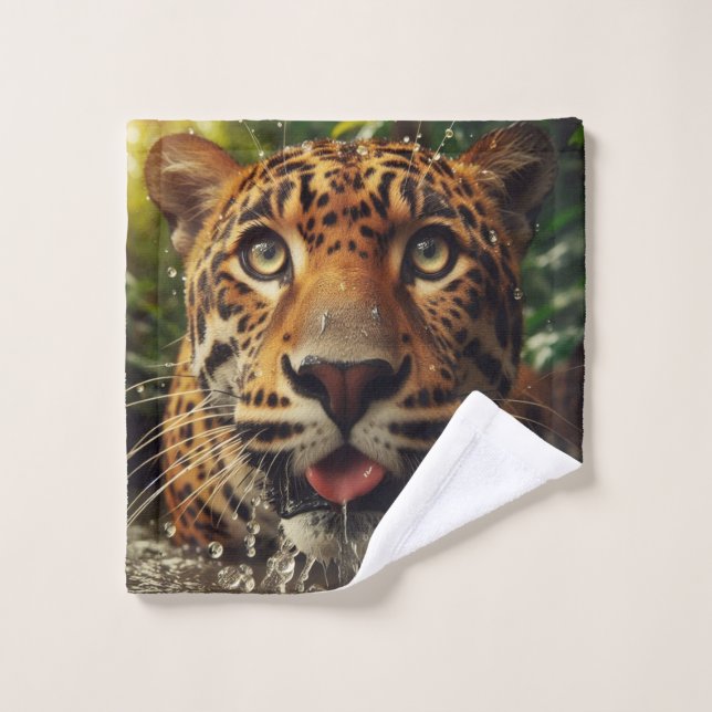 Leopard Stares While Lapping Water in Jungle  Wash Cloth (Wash Cloth)