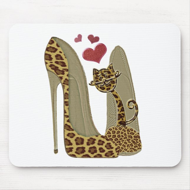Leopard Stiletto Shoes and Cat Art Mouse Mat (Front)