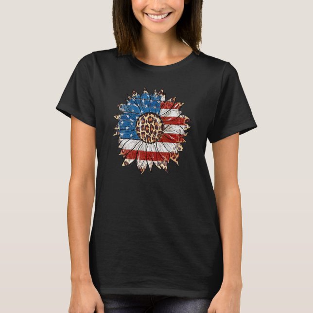 Leopard Sunflower American Flag Patriotic 4th Of J T-Shirt (Front)