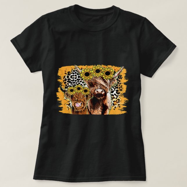 Leopard Sunflower Highland Cow Western Country Hei T-Shirt (Design Front)