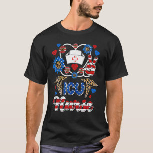 Leopard Sunflower Icu Nurse American Flag 4th Of T-Shirt