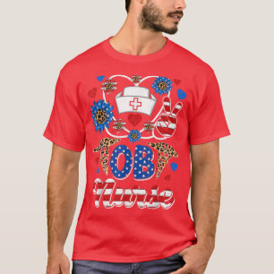 Leopard Sunflower OB Nurse American Flag Funny 4th T-Shirt