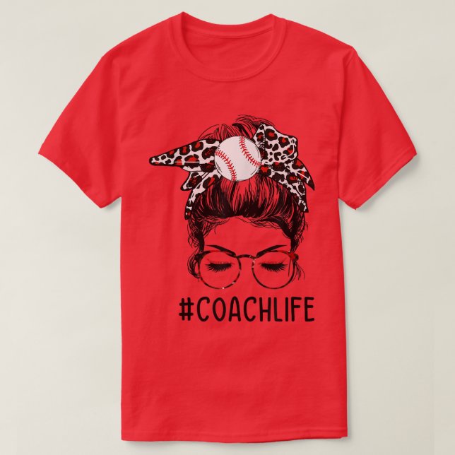 Leopard TBall Coach Life Messy Bun Game Day Mother T-Shirt (Design Front)