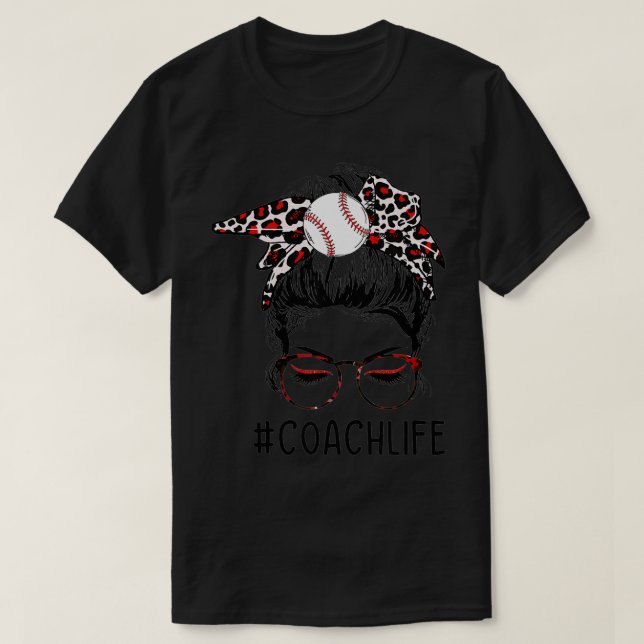 Leopard TBall Coach Life Messy Bun Game Day Mother T-Shirt (Design Front)