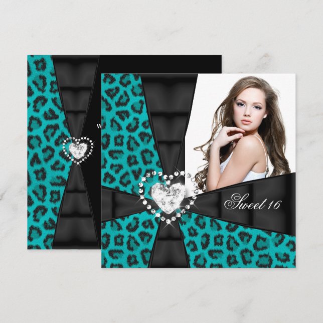 Leopard Teal Blue Sweet 16 Sixteen Birthday Party Invitation (Front/Back)