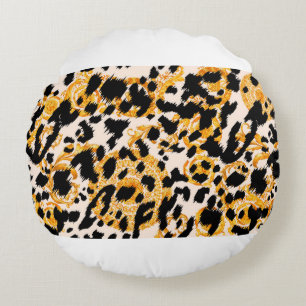 Leopard texture with gold baroque pattern round cushion