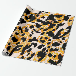 Leopard texture with gold baroque pattern wrapping paper