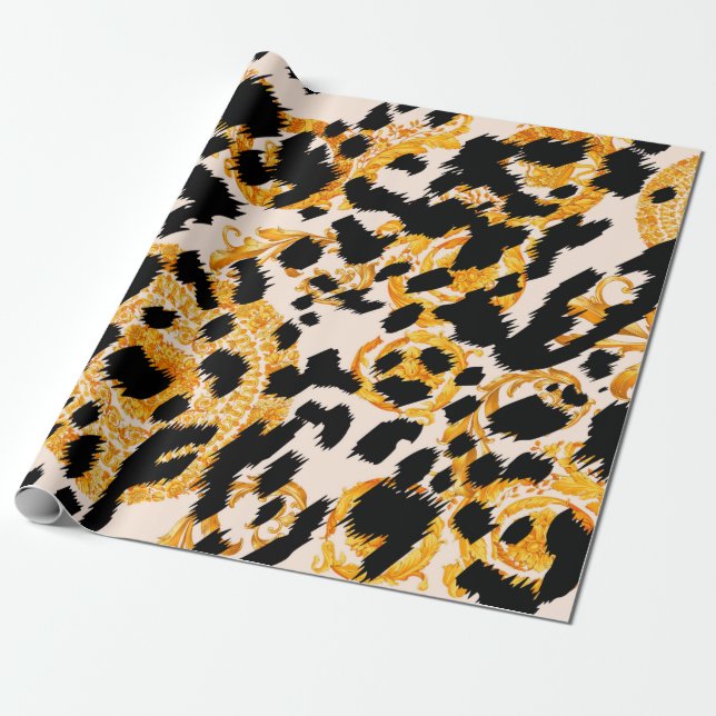 Leopard texture with gold baroque pattern wrapping paper (Unrolled)